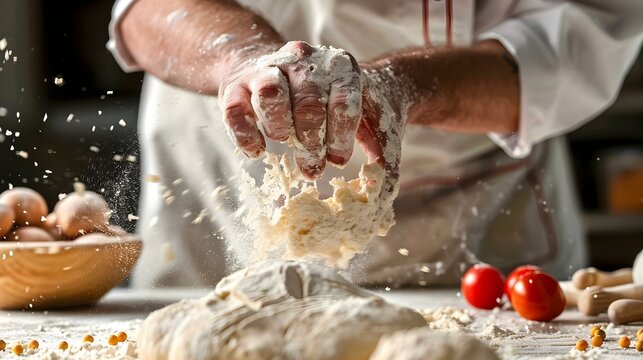 Baker adding ingredients for dough