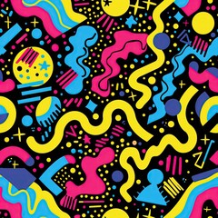 Obraz premium Wild Throwback 80's Pattern Wallpaper, Vivid Colorful Abstract Background, Geometric Retro Art Backdrop, Vintage 1980s Bright Fun and Happy Shapes and Colors