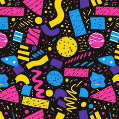 Obraz premium Wild Throwback 80's Pattern Wallpaper, Vivid Colorful Abstract Background, Geometric Retro Art Backdrop, Vintage 1980s Bright Fun and Happy Shapes and Colors