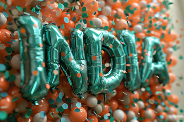 Fototapeta premium Indian Independence Day theme foil balloons in Indian flag color shaped text