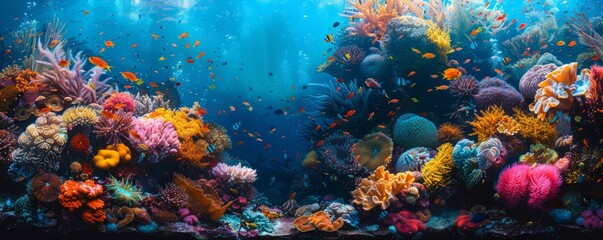 A vibrant coral reef teeming with colorful marine life.
