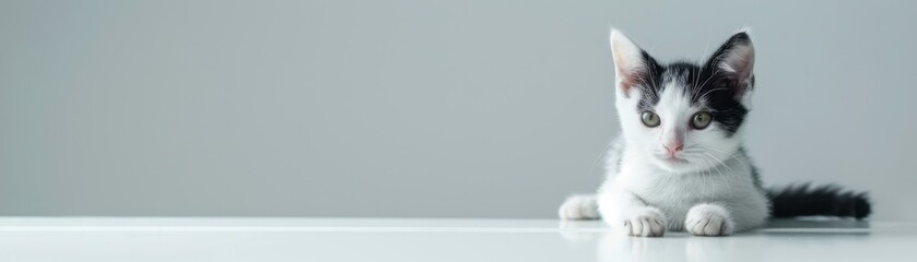 Obraz premium Adorable black and white kitten lying on white surface. Close-up of playful and curious cat. Perfect for pet and animal themes.