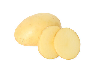 Fresh whole and cut potatoes isolated on white, above view