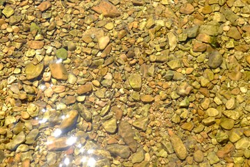 Beautiful mountain river with transparent water as background, top view