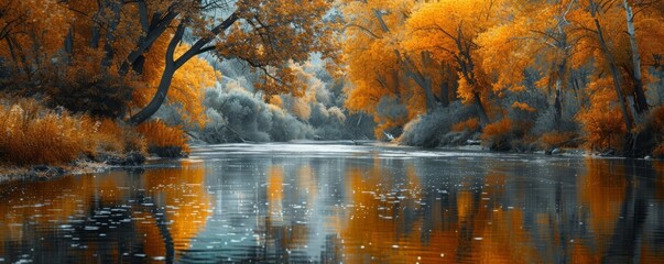 A tranquil river bending around a cluster of autumn trees.