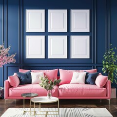 Fototapeta premium 6 white empty frames gallery wall set mock up on navy blue wall with pastel pink sofa and pillows. Modern boho living room decor and interior design.