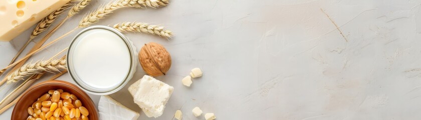 A healthy assortment of dairy, nuts, grains, and milk on a light background, perfect for nutritious meal planning and vegetarian recipes.