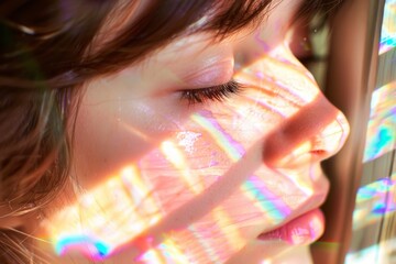 Closeup of woman with holographic light patterns creating a vibrant and futuristic visual