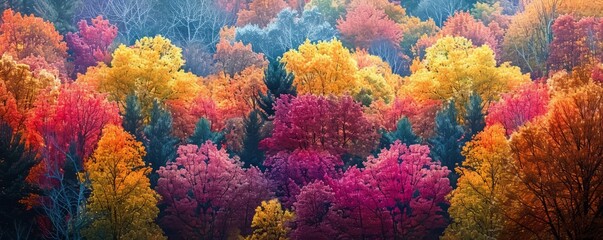 A panoramic view of a colorful autumn forest.