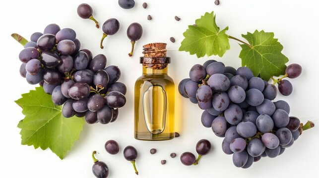 Top view and flat lay of grape seed oil isolated on a white background