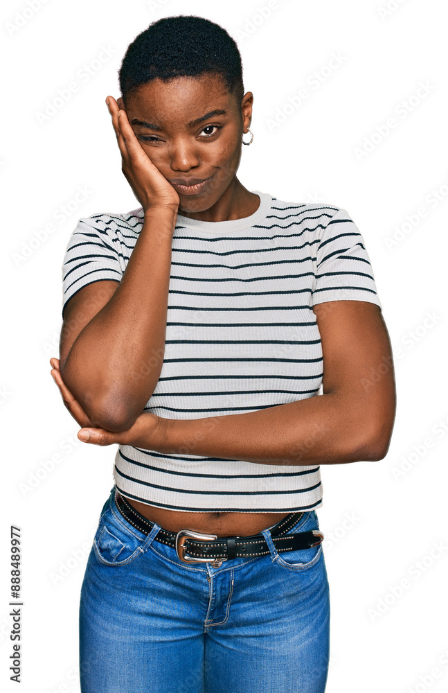 Sticker young african american woman wearing casual clothes thinking looking tired and bored with depression