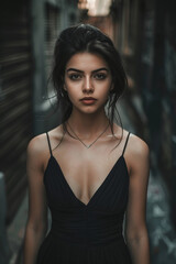 Naklejka premium Young woman in black dress with captivating eyes stares at camera in dimly lit alleyway, exuding mystery and elegance