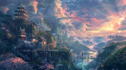 Obraz premium This image showcases an ancient cityscape nestled in lush greenery with a vibrant sunset, casting colorful hues on traditional buildings and a tranquil river flowing through.