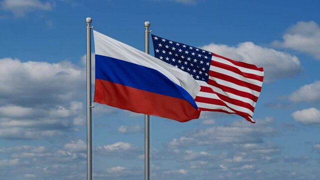 USA and Russia flags flying together, video concept of the relationship, two country cooperation concept