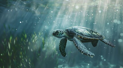 Obraz premium A solitary sea turtle gracefully navigating through sunlit waters, with rays of sunlight penetrating the surface, illuminating the serene underwater environment.
