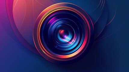 This abstract art features a colorful and vibrant depiction of a camera lens surrounded by neon lights and geometric patterns, representing creativity and modern aesthetics.