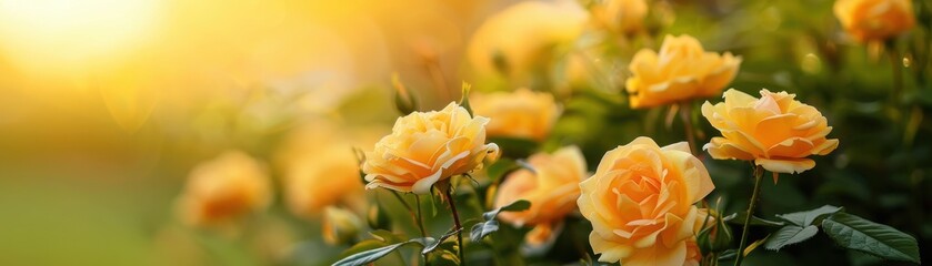 yellow roses in full bloom with sunlight shining through, creating a warm, soft glow.