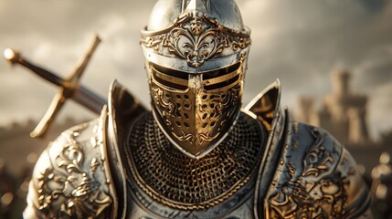 close-up of a medieval knight in armor on a horse, showcasing honor and valor.