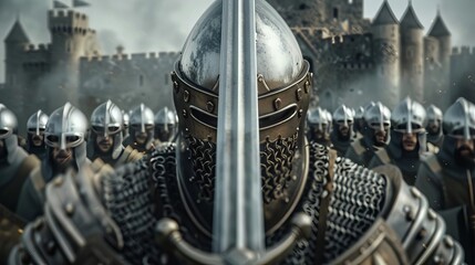 Photo-realistic close-up of medieval soldiers in armor wielding swords near a castle with a moat.