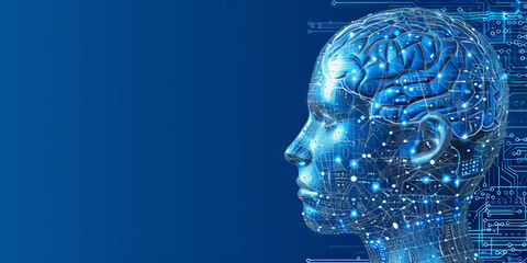 Creative glowing polygonal brn hologram on blurry blue background. Neurology research, artificial intelligence concept. 3D Rendering.