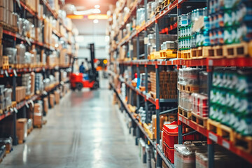 Fototapeta premium A warehouse with a forklift driving down the aisle, generative ai image.