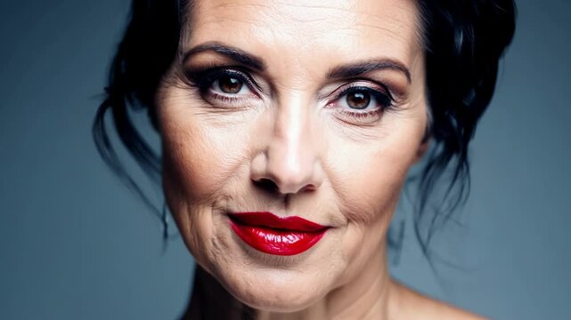 A woman in her fifties with a trendy asymmetrical hair and a bold red lip showcasing her modern take on elegant beauty.