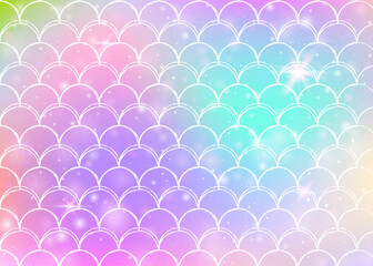 Kawaii mermaid background with princess rainbow scales pattern. Fish tail banner with magic sparkles and stars. Sea fantasy invitation for girlie party. Fluorescent kawaii mermaid backdrop.