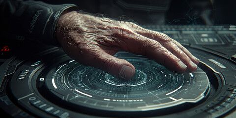 Fototapeta premium Close up of male hand pointing at creative digital tech circle on blurry dark office background. Big data and technology concept. Double exposure.