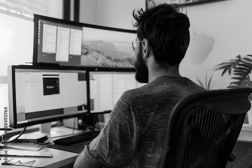 Poster man working on multiple monitors