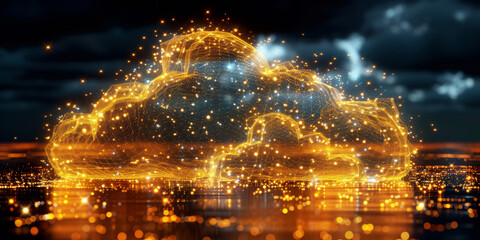 Fototapeta premium Creative glowing cloud hologram on blurry dark backdrop. Cloud computing, big data backup concept. 3D Rendering.
