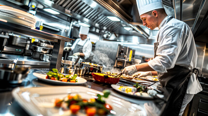 Chef preparing a gourmet dish in a high-end kitchen