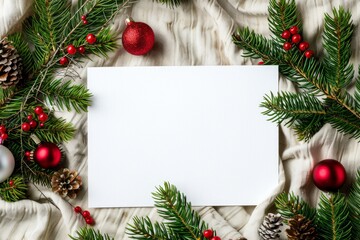 Christmas blank card with decorations, empty greeting card, holiday season concept