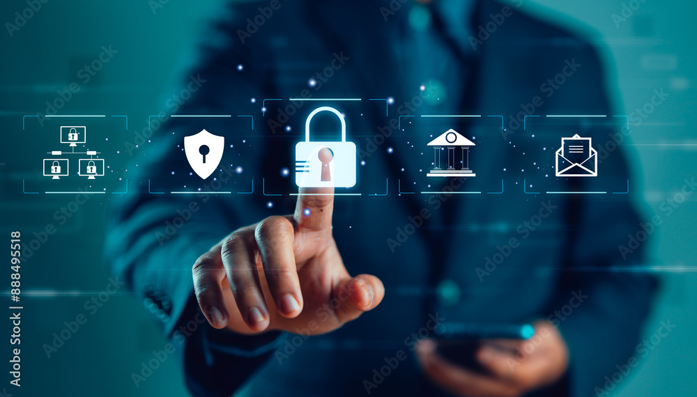 Aufkleber Cybersecurity and privacy concepts to protect data. Lock icon and internet network security technology. Businessman protecting personal data on smartphone, virtual screen interfaces. Cybersecurity.