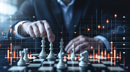 Investment strategy and challenges. Lots of financial data and statistics graphs. Business man moving a chess piece forward