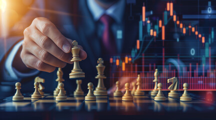 Investment strategy and challenges. Lots of financial data and statistics graphs. Business man moving a chess piece forward