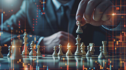 Investment strategy and challenges. Lots of financial data and statistics graphs. Business man moving a chess piece forward