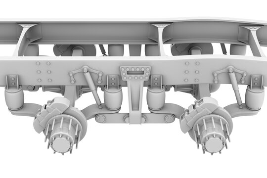 Clay rendering of Semi truck air suspension and axle system on white background. Generic design. Side view. 3D rendering image.