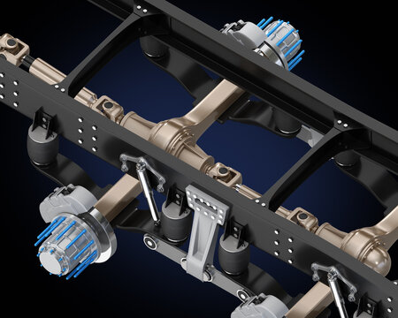 Isometric view of Semi truck frame,  axle system on black background. Generic design. 3D rendering image.