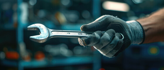 Close up of mechanic hand holding wrench, blurred background