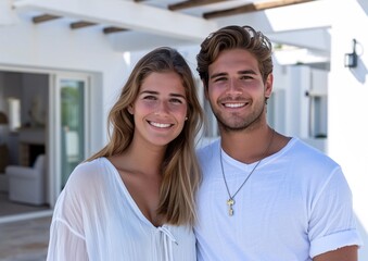 Fototapeta premium Smiling Young Couple in Casual White Attire Enjoying a Sunny Day Outside Modern Home