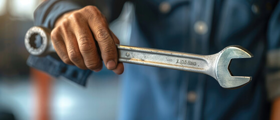Close up of mechanic hand holding wrench, blurred background