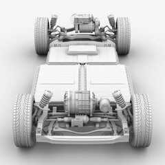 Clay rendering of electric vehicle chassis equipped with battery pack on gray background. 3D rendering image.