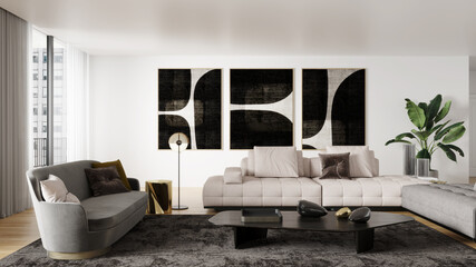 Large luxury modern bright interiors Living room mockup illustration 3D rendering image