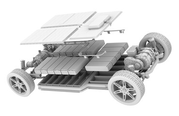 Naklejka premium Exploded view of electric vehicle chassis equipped with battery pack on white background. Clay rendering style. 3D rendering image.