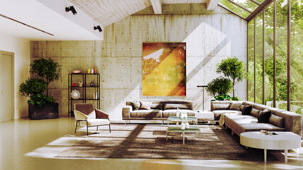 Large luxury modern bright interiors Living room mockup illustration 3D rendering image