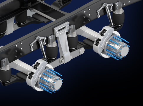 Isometric view of Semi truck air suspension and axle system isolated on black background. Generic design. 3D rendering image.