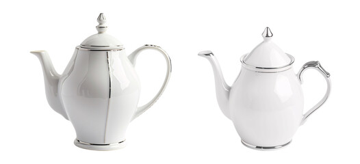 Two white teapots with silver accents