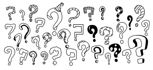 Mystery-themed question mark icons on white background. Collection of doodle icons hand-drawn in monochrome showing various designs for use in puzzle themes