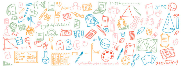 Variety of multicolored school supplies doodle vector set. Bundle of icons hand-drawn in simple art style ideal for educational materials