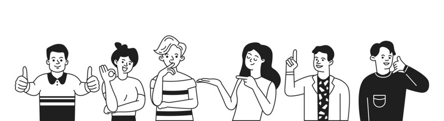 Fototapeta premium Young adults with different gestures doodle line cartoon illustration set. Expressing emotions with hand signs linear vector people collection